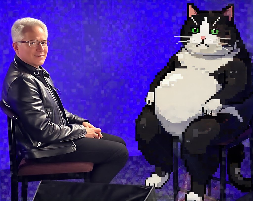 A leather-jacketed tech CEO sits reverently beside Lardon v1, who does not get up.