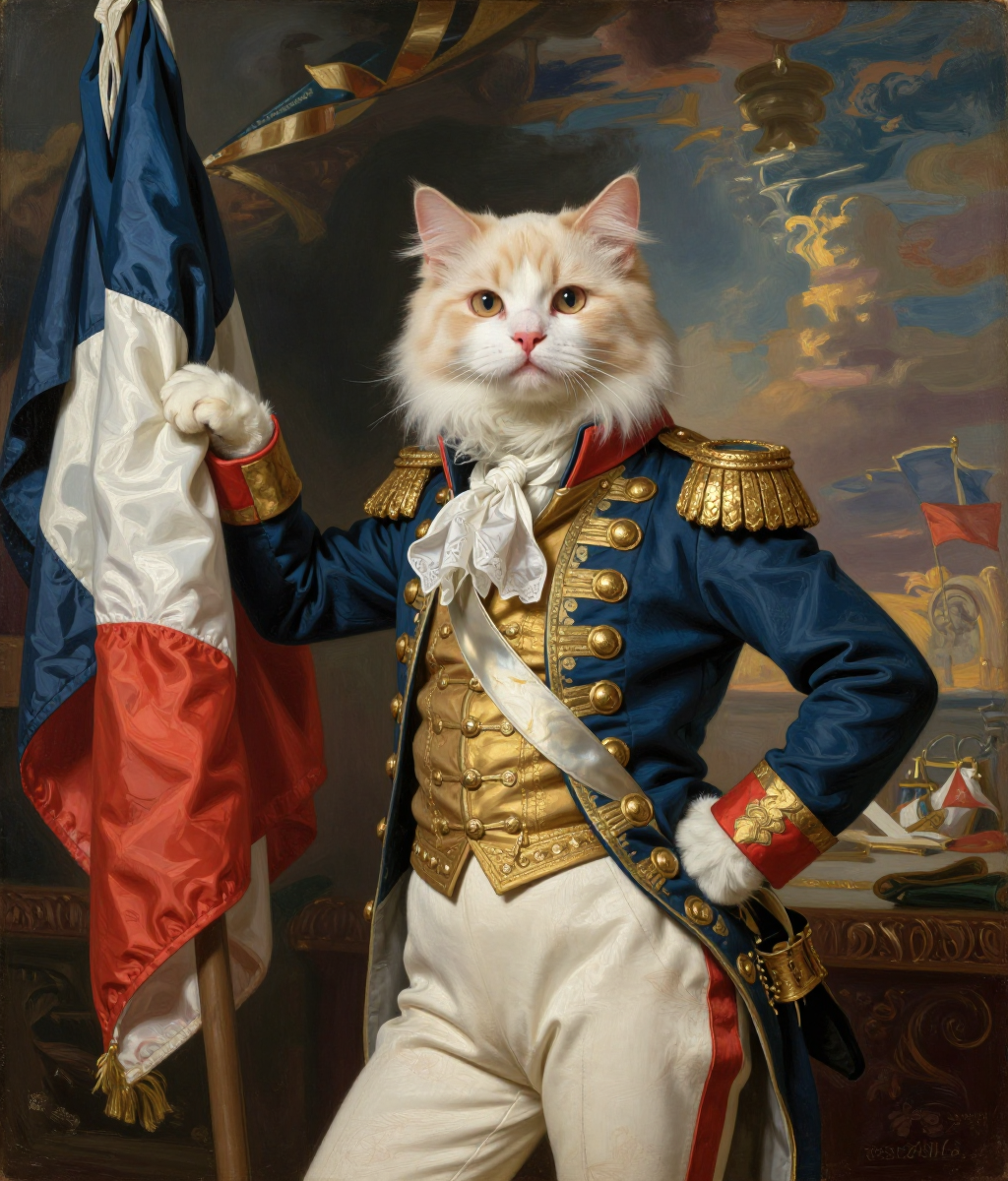 A regal cream cat dressed as a revolutionary general in oil-painting style