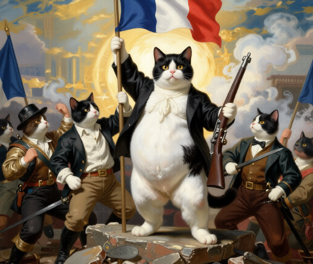 A fat black-and-white tuxedo cat as Liberty leading the people across the barricades, holding the French tricolore — a Delacroix parody in oil